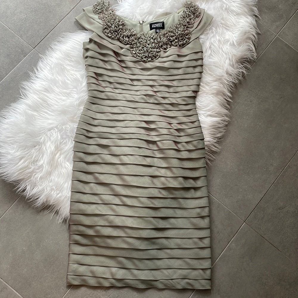 Adrianna Papell Olive Green Burgundy Shimmer Dress Size 4